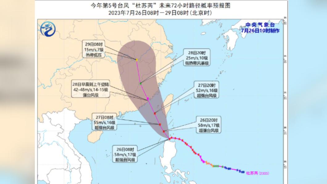 大陸中央氣象台預估的杜蘇芮72小時路徑圖。(圖/翻攝自微博中國新聞網)