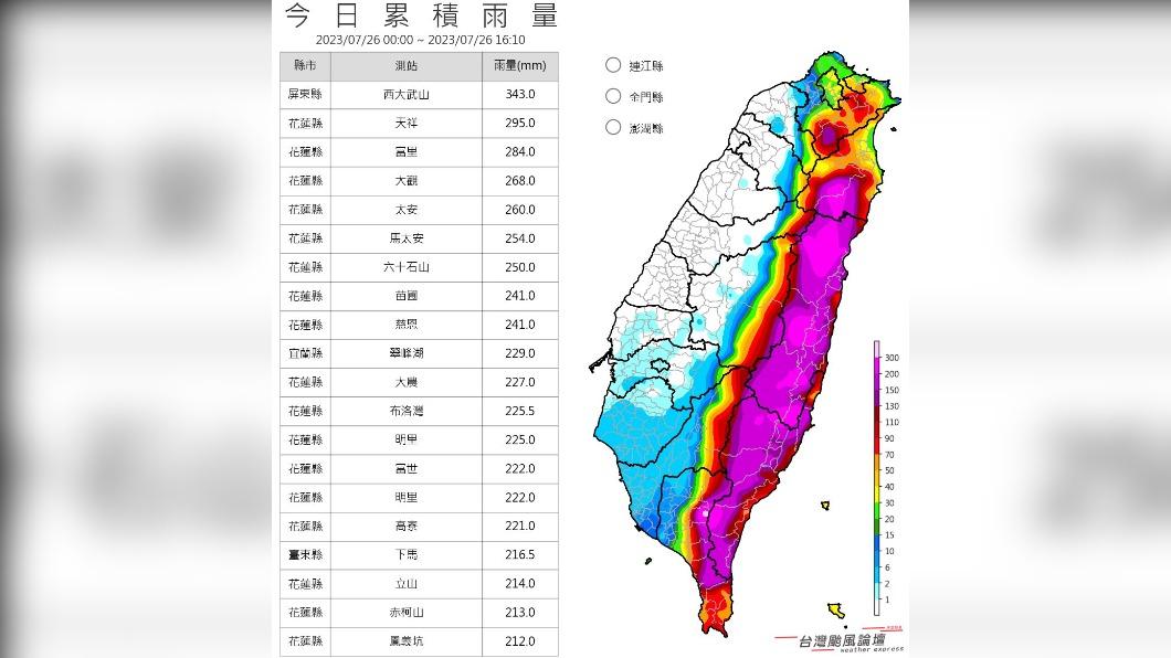 杜蘇芮直撞中央山脈，花蓮、台東、宜蘭山區強烈降雨。（圖／翻攝自台灣颱風論壇｜天氣特急臉書）