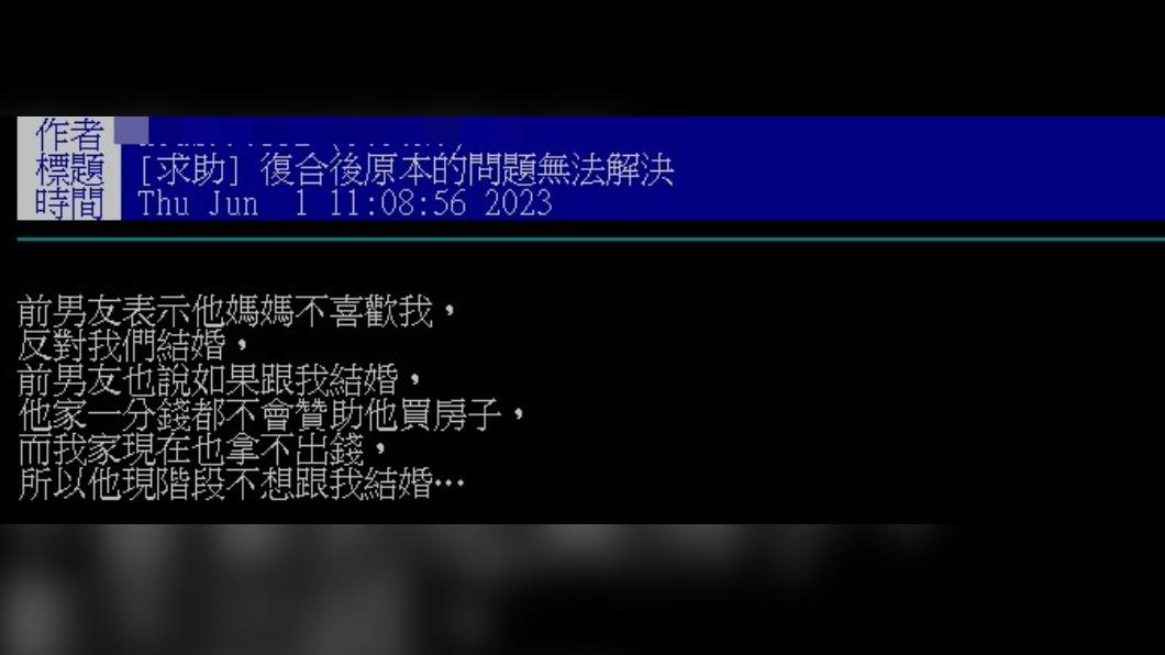 網友表示,男友因經濟和媽媽問題決定分手。(圖/翻攝自PTT)