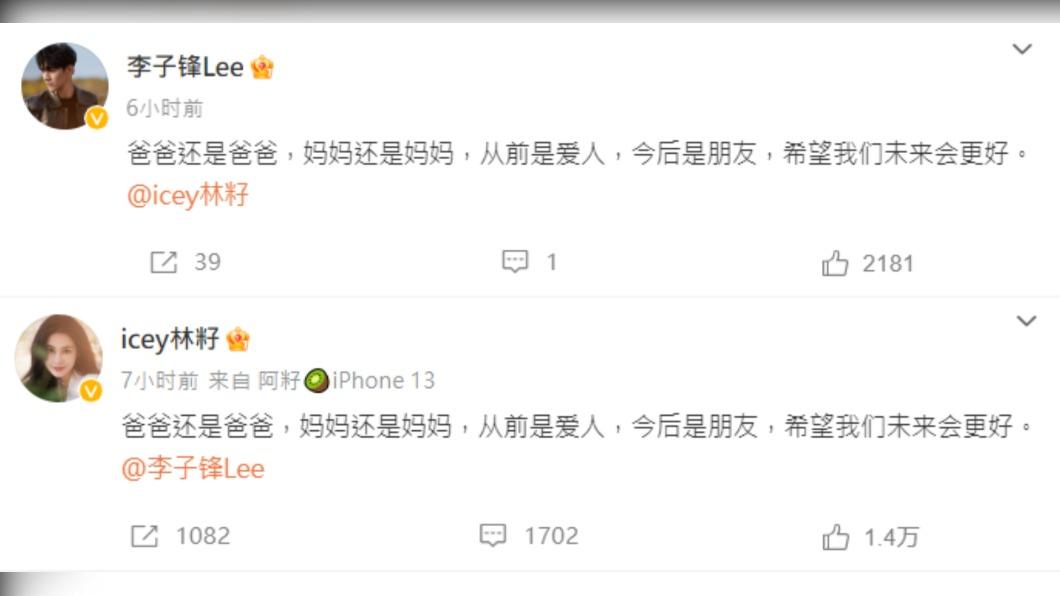 李子峰、林籽同步發文,宣布離婚消息。(圖/翻攝自李子峰、林籽微博)