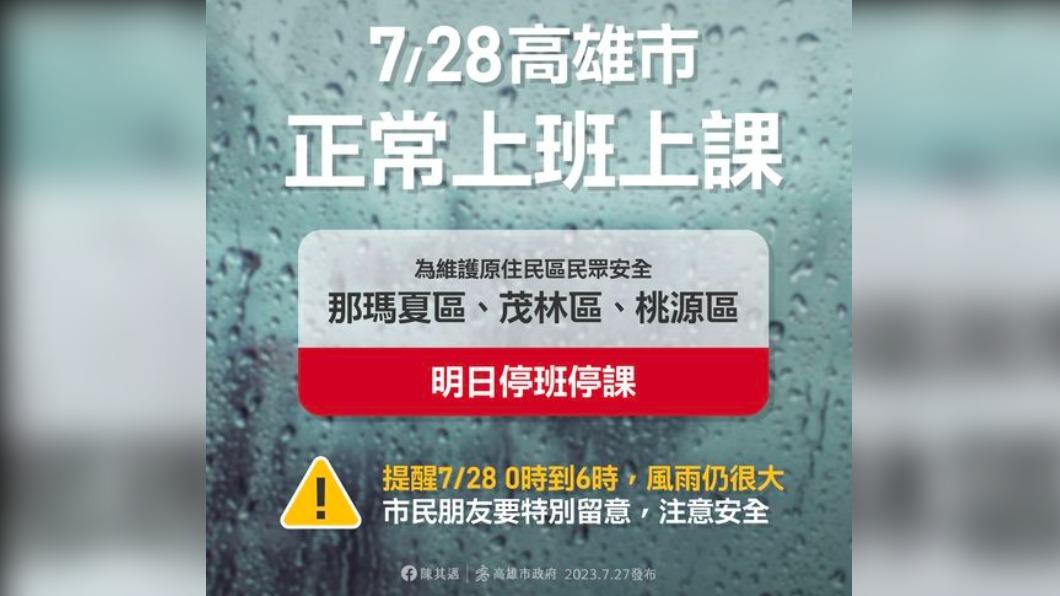 高雄市府宣布,明天高雄那瑪夏區、茂林區、桃源區明(28)日停止上班及上課。其餘地區照常上班、上課。(圖/翻攝自陳其邁 Chen Chi-Mai 臉書)