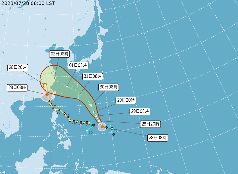 今年第六號颱風卡努在台灣東南方2000公里海面上。（圖／氣象局）