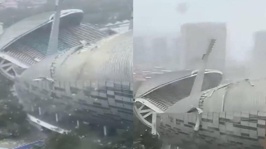 杜蘇芮登陸中國福建,泉州體育館隔熱層遭吹掀。(圖/翻攝自微博)