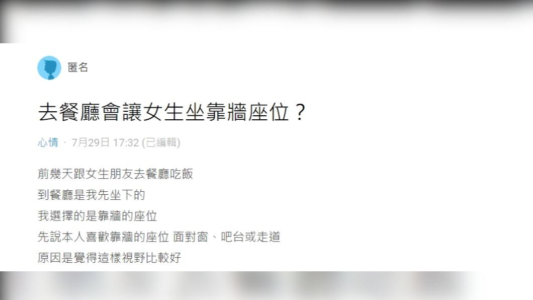 原PO疑惑詢問網友「去餐廳會讓女生坐靠牆座位?」(圖 / 翻攝自Dcard)