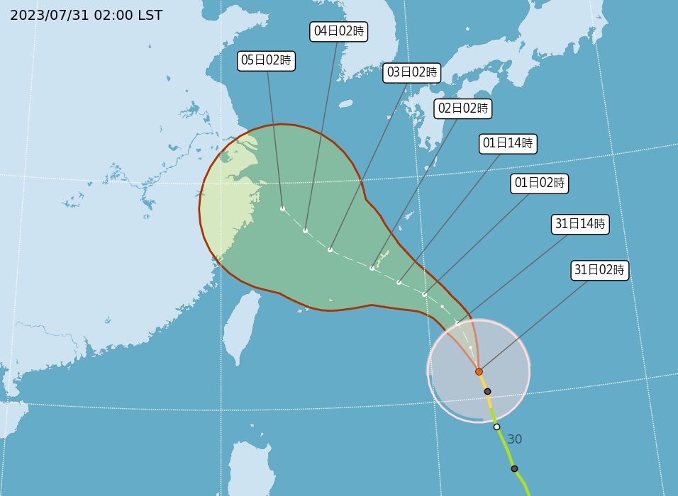 卡努今（31）凌晨預估路徑。（圖／中央氣象局）