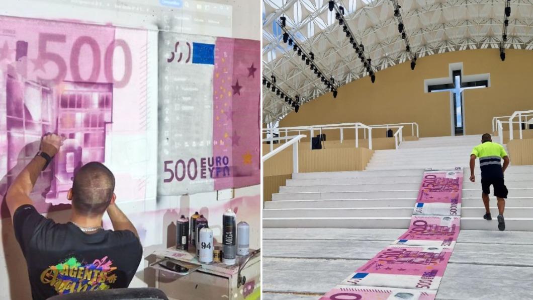 這條地毯上印有一整排的500歐元紙鈔。（圖／翻攝自Instagram@ b0rdalo_ii）