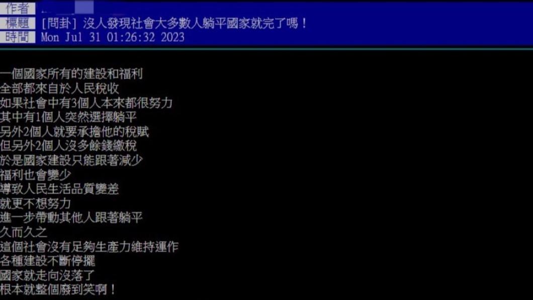 一名網友對躺平族這個現象感到非常無奈,發文想知到其他人怎麼想。(圖/翻攝自PTT)