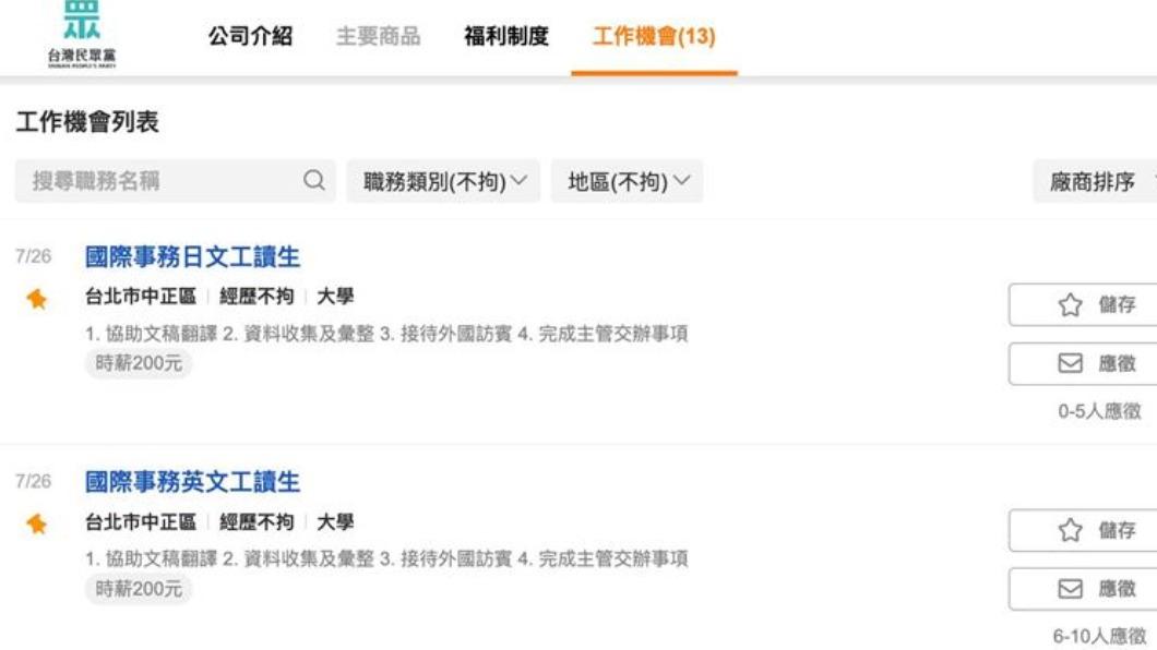 民眾黨在104人力銀行的徵才資訊。(圖/翻攝自104人力銀行)