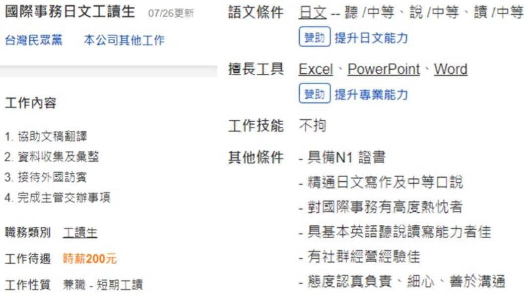 徵才內容中要求工讀生的工作內容超出大家想像。(圖/翻攝自104人力銀行)