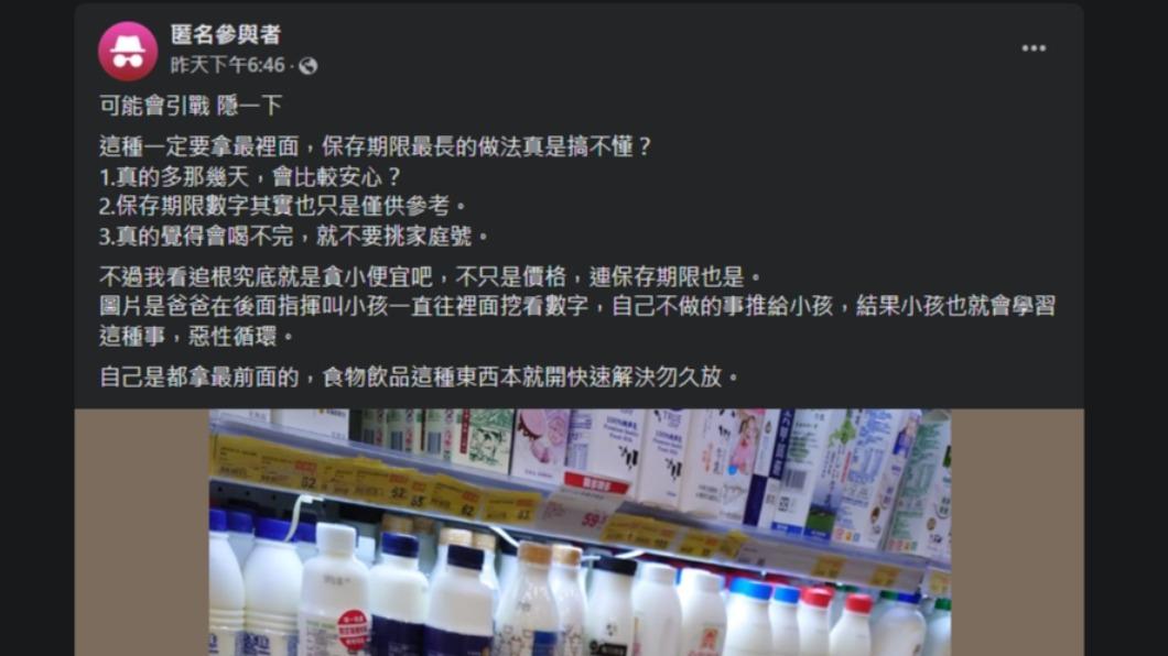 網友對於別人在生鮮超市挑選有效日期感到不滿。(圖/翻攝自臉書)