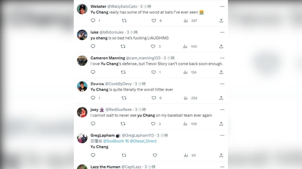 張育成打擊手感下滑，讓許多美國網友非常生氣。（圖／翻攝自推特）