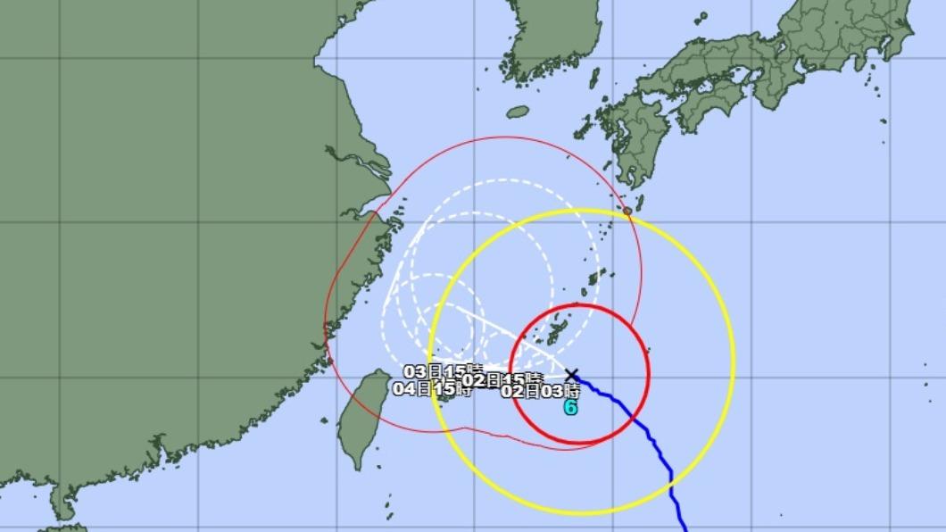 日本氣象廳預測卡努颱風會在1日夜間至2日最接近沖繩。(圖/翻攝自氣象廳網站)