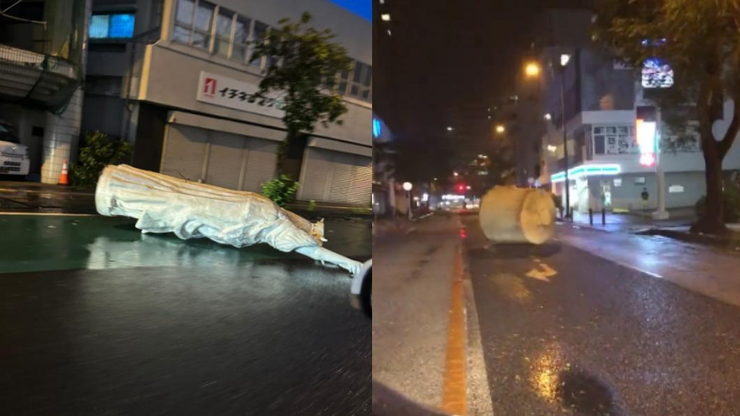 卡努颱風導致沖繩雕像倒塌，水塔掉落路上。（圖／翻攝自推特@localOKINAWA、@bakusai_com）