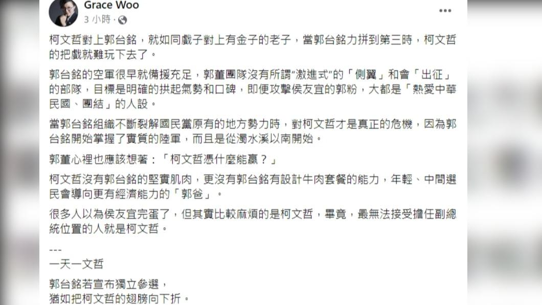 吳靜怡分析：「柯文哲對上郭台銘，就如同戲子對上有金子的老子」。（圖／翻攝自Grace Woo臉書）