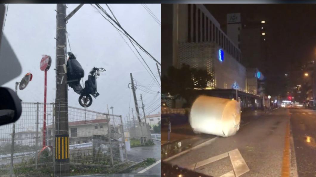 卡努襲沖繩威力驚人!機車「爬上」電桿、大水塔滾馬路