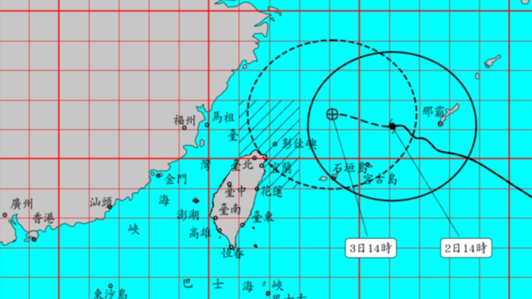 卡努暴風圈預估在明日中午至週五中午,都會涵蓋台灣本島陸地。(圖/翻攝自中央氣象局)