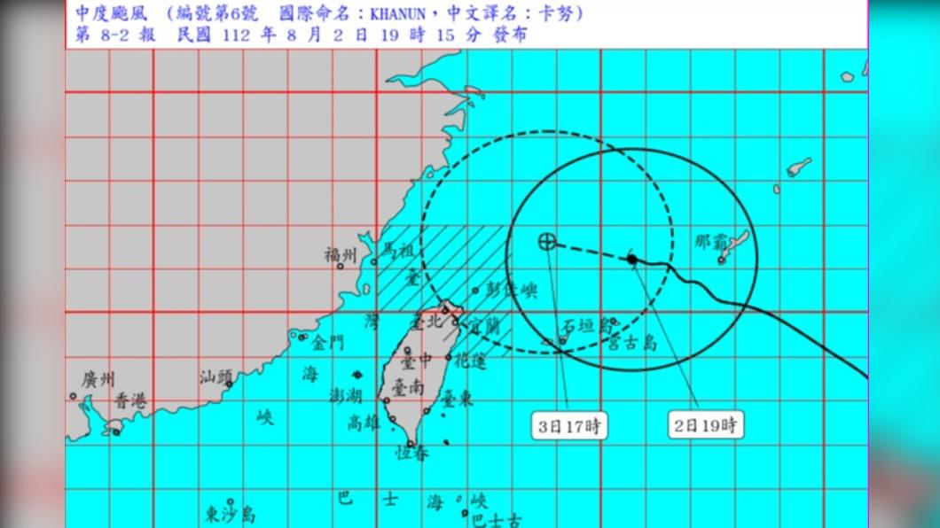 卡努其暴風圈正逐漸接近北部近海,對新北、基隆及宜蘭將構成威脅。(圖/翻攝自中央氣象局)