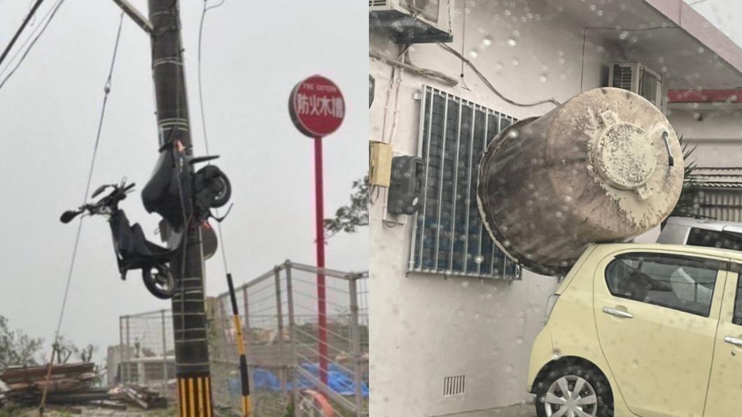 強風導致水塔掉落、機車遭吹到電桿上。（圖／翻攝自推特@fm21wannuumui@erieri222）