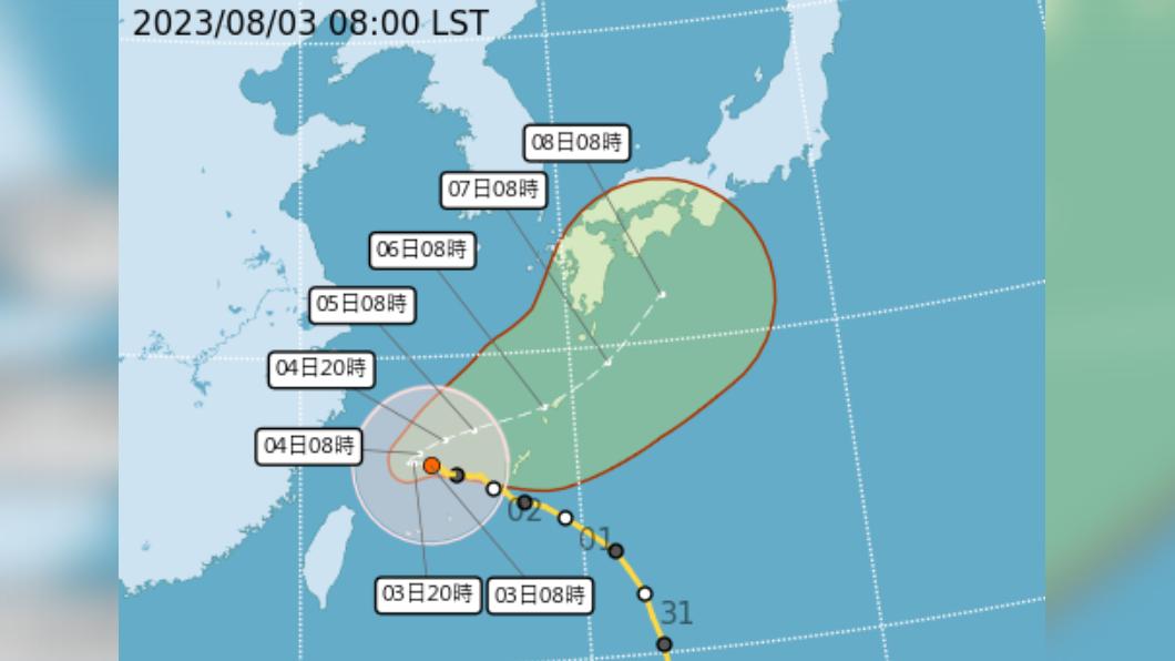 卡努暴風圈逐漸進入台灣北部近海以及東北部近海地區。（圖／翻攝自中央氣象局）