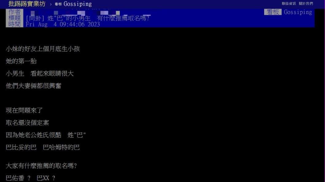 網友詢問姓「巴」如何取名。（圖 / 翻攝自PTT）