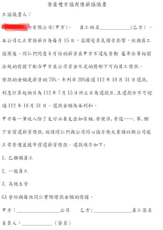網友公司要求員工簽署「借薪協議書」。(圖/翻攝自匿名2公社臉書)