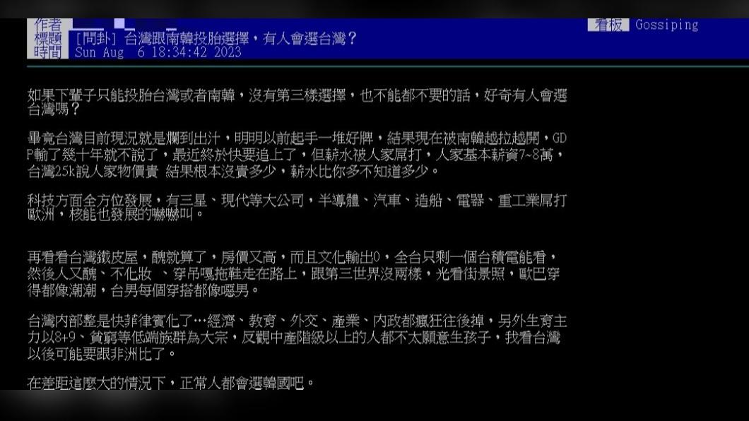 原PO發文表示「台灣跟南韓投胎選擇,有人會選台灣?」(圖 / 翻攝自PTT)