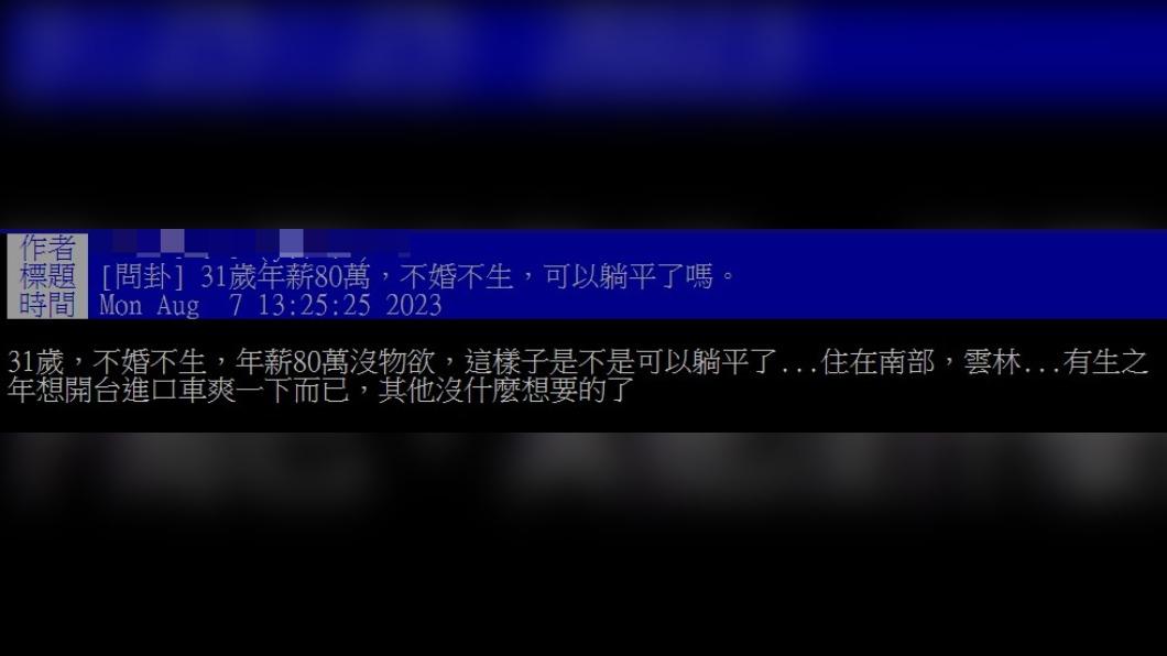 網友好奇年薪80萬元是否能躺平。（圖／翻攝自PTT）