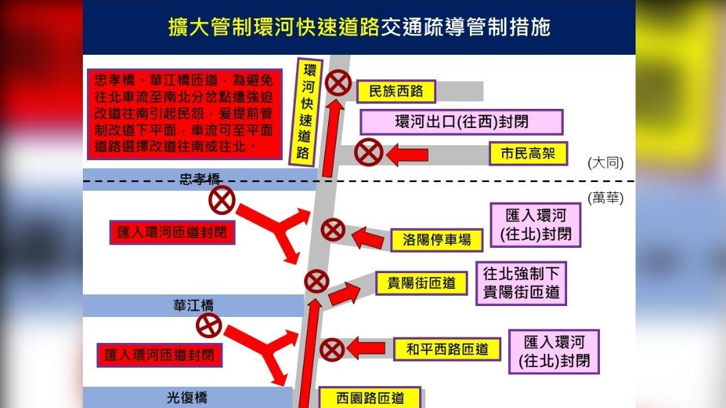 台北市警察局公布交通管制圖。（圖／TVBS）
