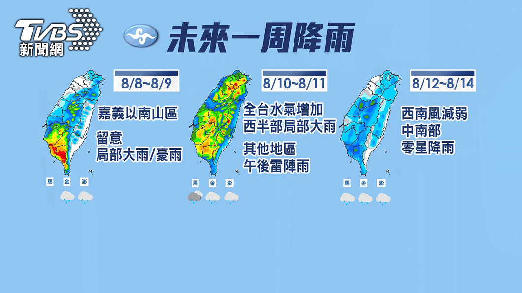 西南風持續影響到週末,降雨才會減少。(圖/TVBS)