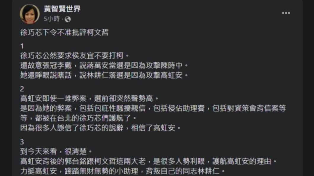 黃智賢批評徐巧芯利用反綠民意來為己爭權奪利。(圖/翻攝自臉書)
