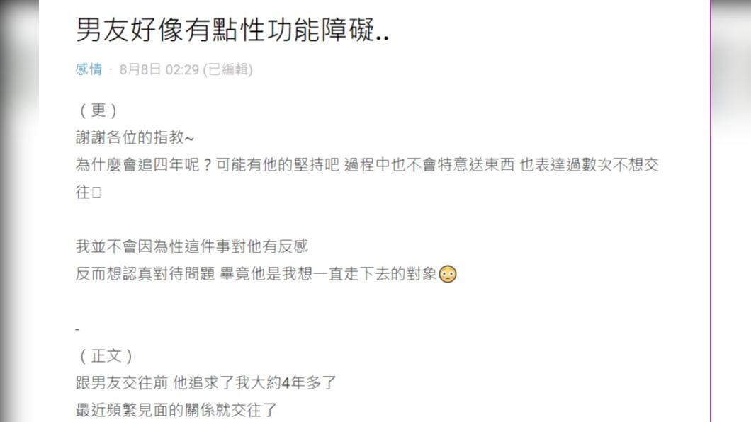 原PO發文表示,「男友好像有點性功能障礙..」(圖 / 翻攝自Dcard)