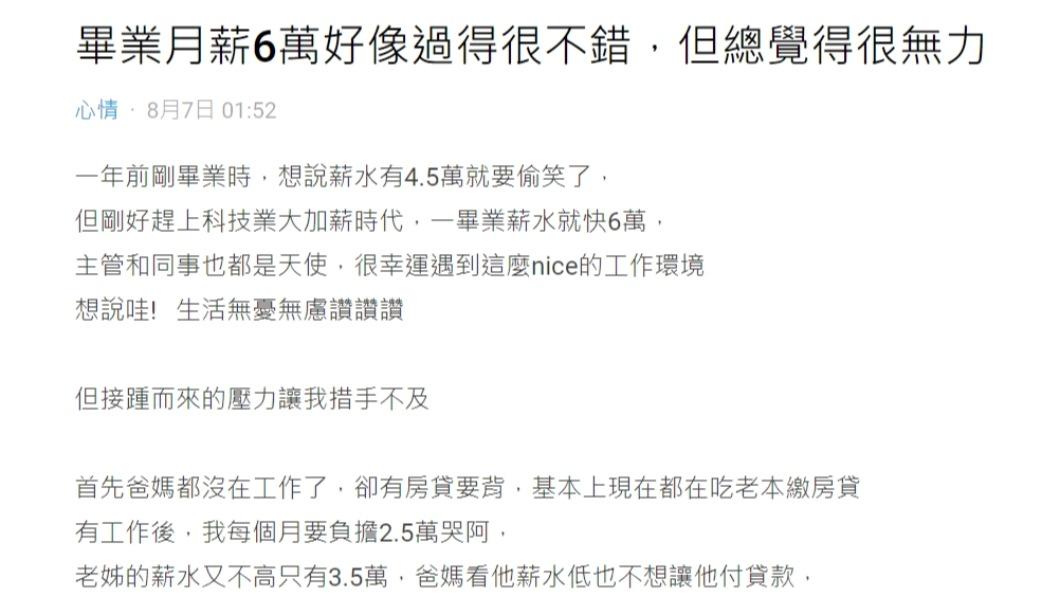 原PO表示，「畢業月薪6萬好像過得很不錯，但總覺得很無力」。（圖 / 翻攝自Dcard）