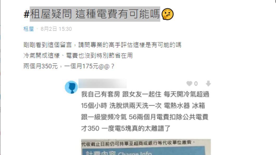 原PO表示該名網友分享自身沒有特別省電,兩個月卻只要350元電費。(圖/翻攝自Dcard)