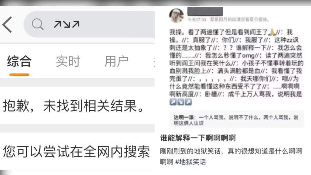 網友指出,在微博搜尋不到符號组合「↗↘↗」。(圖/翻攝自推特@whyyoutouzhele)
