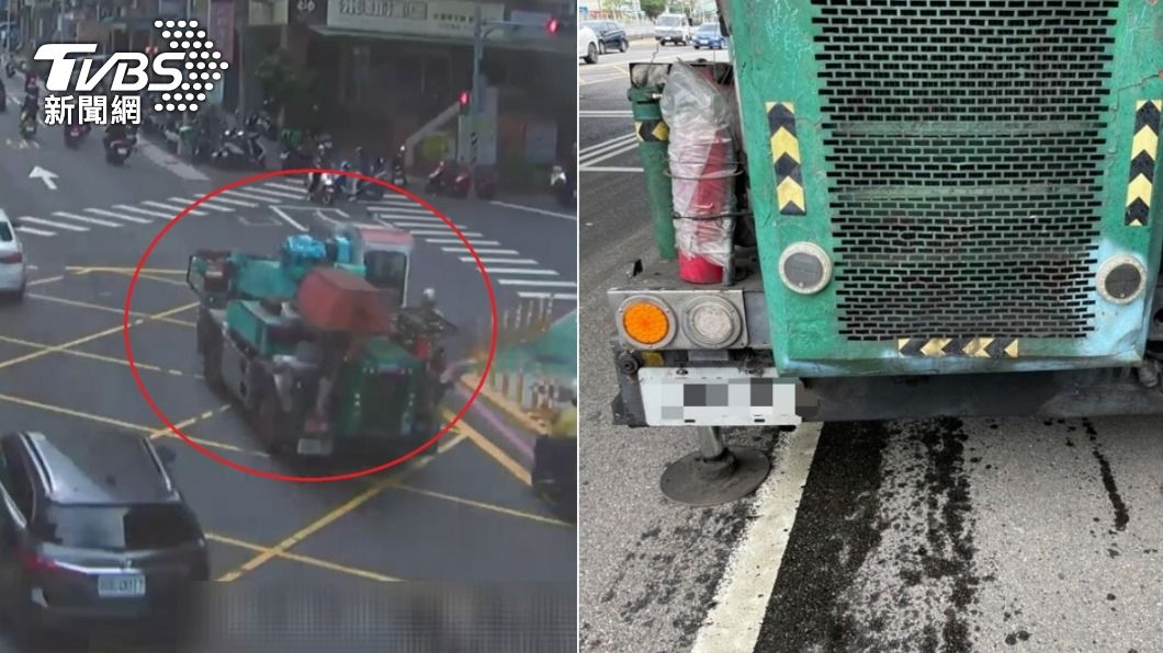 吊車疑似故障沿路漏油。(圖/TVBS)