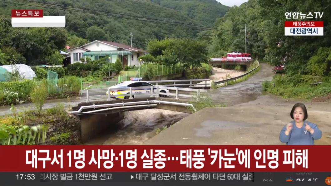 卡努颱風帶來驚人雨量,大邱市山洪暴發。(圖/翻攝韓聯社YonhapnewsTV)