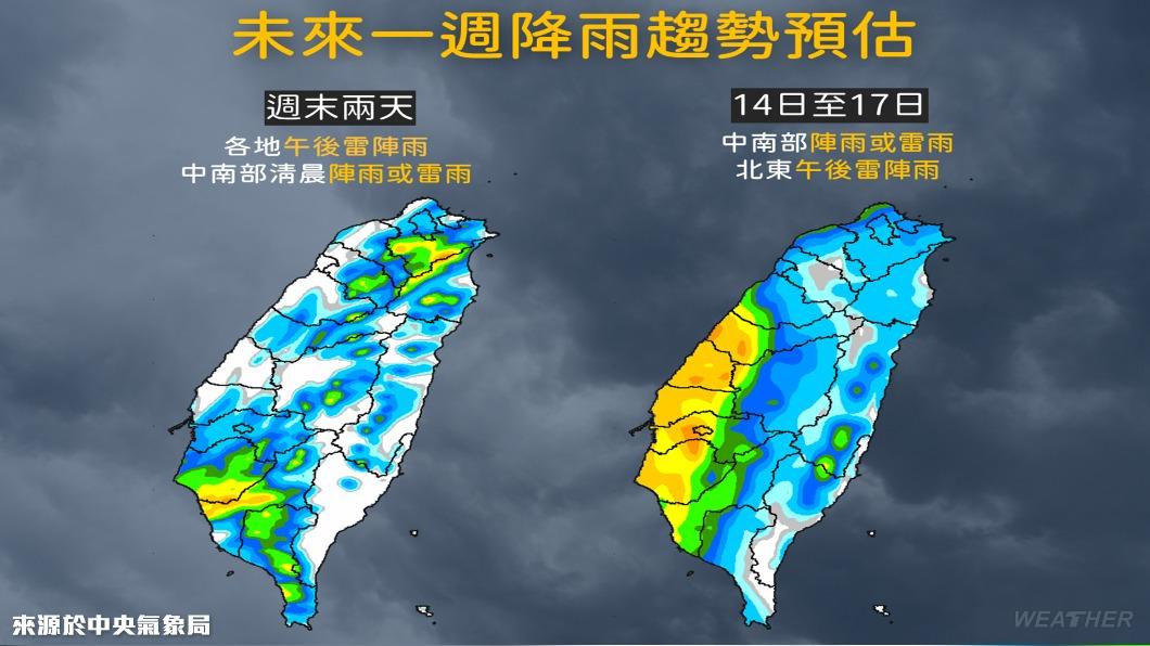 下週西南風又會增强,開始降雨。(圖/翻攝自中央氣象局)