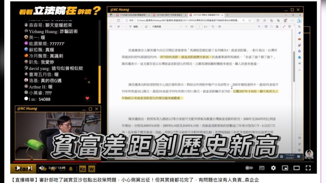 陳其邁當時指出台灣所得最高跟最低差75倍，馬政府貧富差距創歷史新高。（圖／翻攝自黃國昌YouTube）