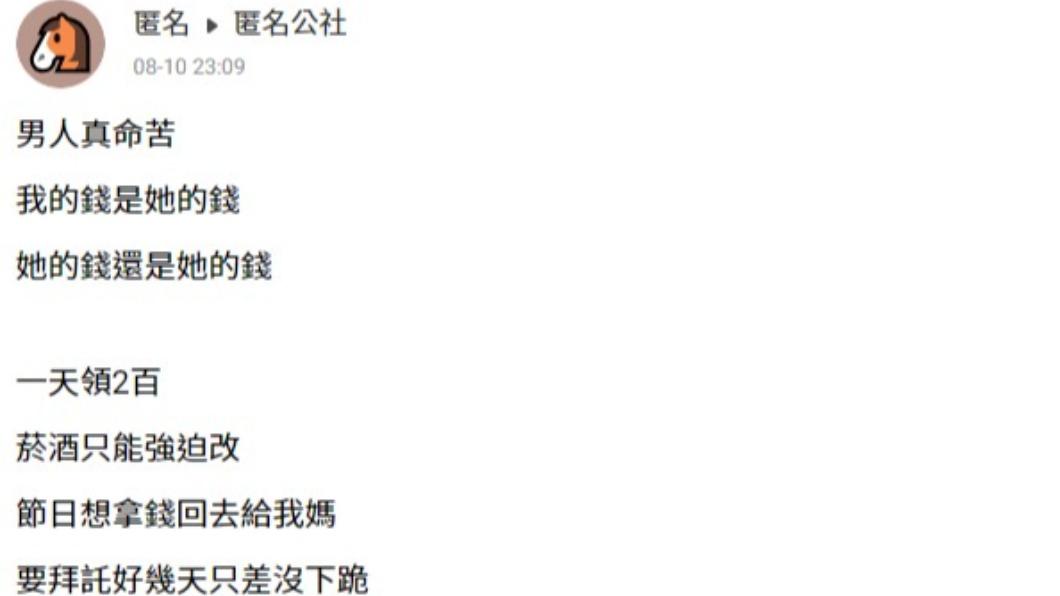 人夫發文抱怨婚後生活。（圖／翻攝自匿名公社）