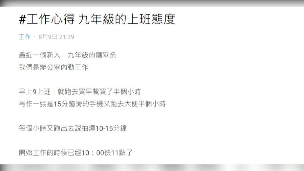 一名網友發文分享「九年級的上班態度」。(圖 / 翻攝自Dcard)