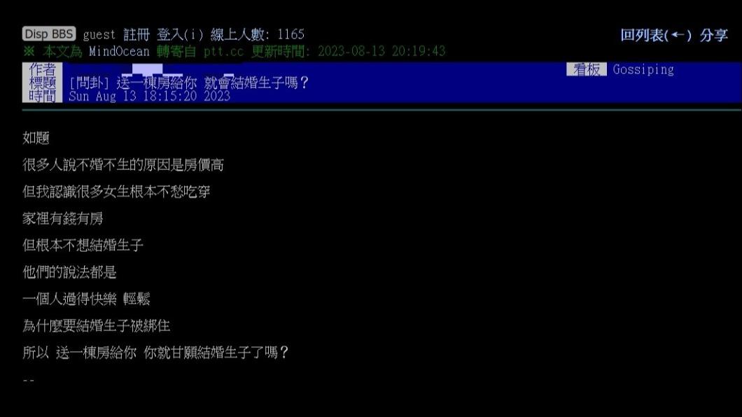 網友發文詢問「送一棟房給你,就會結婚生子嗎」,貼文引來熱議。(圖 / 翻攝自Dcard)