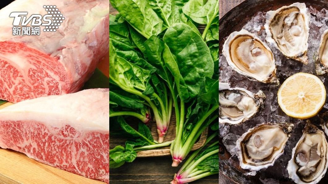 牛肉、菠菜、生蠔皆為補鐵食物。(示意圖/shutterstock達志影像)