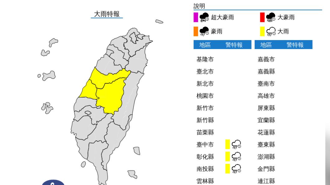 快訊/西南風+對流雲系旺盛!中部3縣市大雨特報