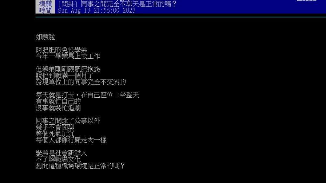 網友詢問「同事之間完全不聊天是正常的嗎?」。(圖 / 翻攝自PTT)