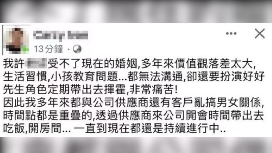 群創光電一名已婚的許姓處長突自爆自己長期劈腿。(圖/翻攝自臉書)