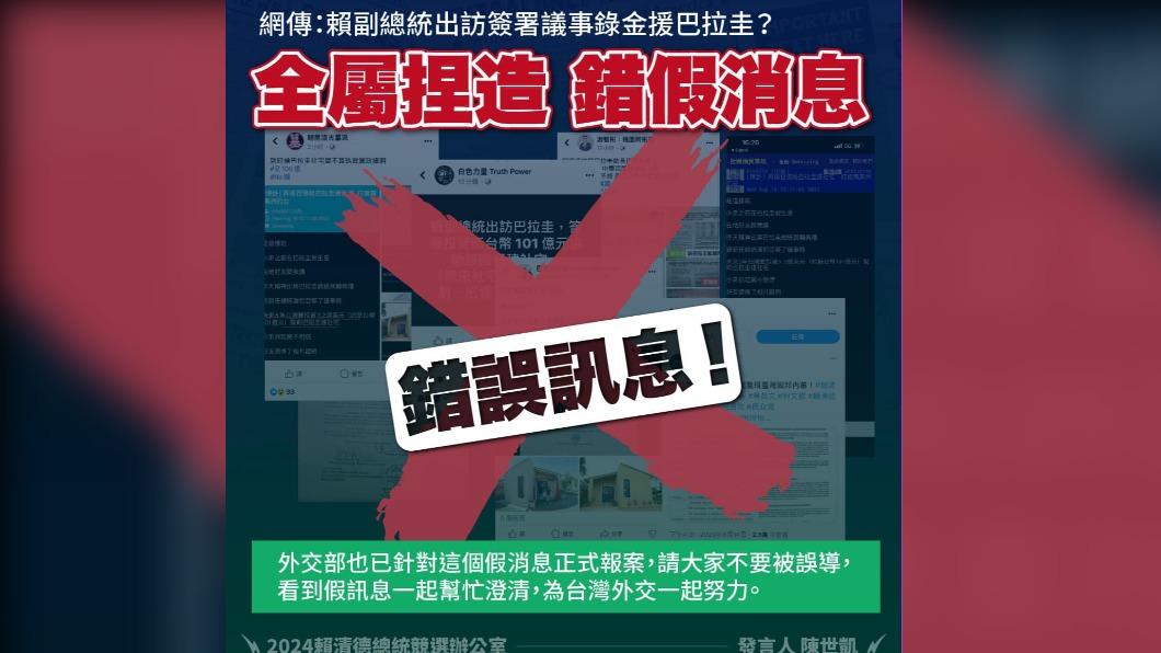 網傳「賴副總統出訪簽署議事錄金援巴拉圭」,總統府、賴清德競辦澄清為錯假訊息。(圖/翻攝陳世凱臉書)