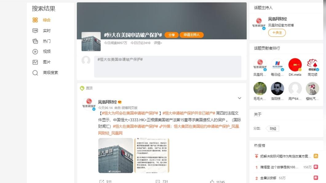 不只海外關注恒大聲請破產,也在對岸微博衝上熱搜。(圖/翻攝自微博)