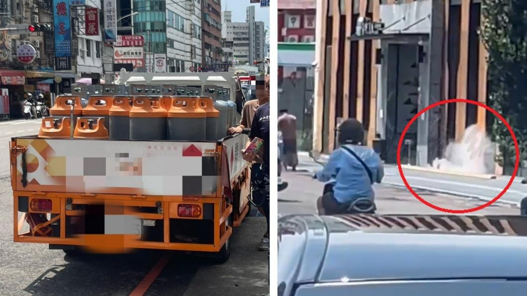 行走炸彈?台中瓦斯桶滾路邊狂噴白煙 路人瑟瑟發抖駕駛慘了