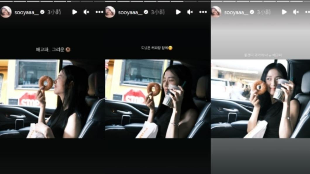Jisoo拿著甜甜圈和咖啡,寫下好餓。(圖/翻攝自Jisoo IG)