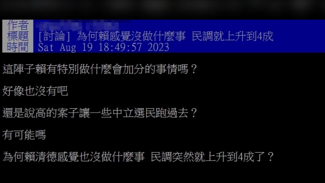 網友質疑「賴清德感覺也沒做什麼事,民調突然就上升到4成?」(圖/翻攝自PTT)